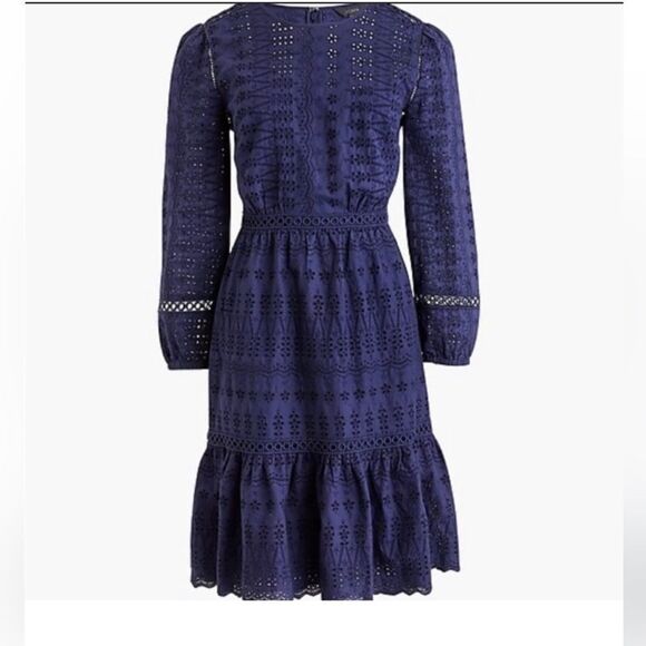 J CREW Dress Navy Blue Eyelet Embroidered Flutter Hem 100% Cotton Long Sleeve 8P - Picture 1 of 15